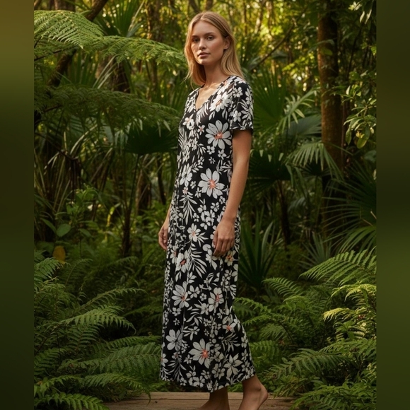 Denim & Co Navy & White Print Maxi Dress 100%cotton Medium - Picture 7 of 8